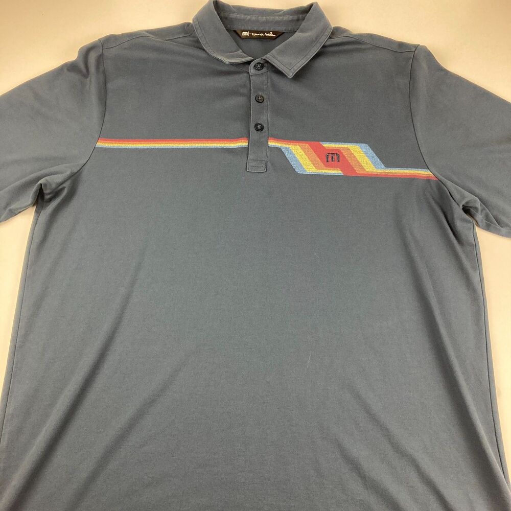 TravisMathew Mens XL Blue Retro Stripe Golf Polo Shirt 70s Colorblock